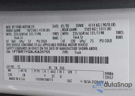 2020 Ford Transit-250 из США, поврежденный, VIN 1FTBR1YG8LKA35755